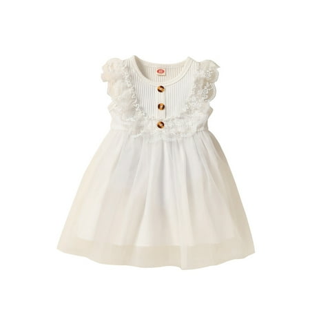 

Nokpsedcb Toddler Kids Girls Sweet Dress Lace Trim Solid Color Ribbed Dress Summer Sleeveless Layered Mesh Tulle Skirt White 4-5 Years