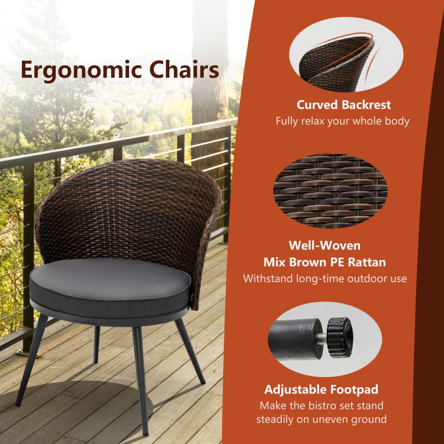 Aimee Lii 3 Pieces Patio Rattan Bistro Set with Cushions and Glass Tabletop, Patio Conversation Sets, Brown Aimee Lii 3 Pieces Patio Rattan Bistro Set with Cushions and Glass Tabletop, Patio Conversation Sets, Brown