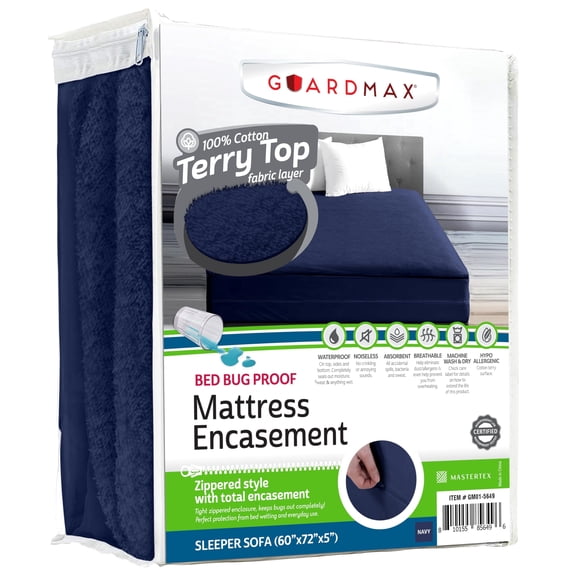 Guardmax Sleeper Sofa Mattress Encasement Zippered,100% Waterproof Mattress Protector,Soft & Absorbent Cotton Terry Top Mattress Cover for Kids, Adults, & Pets,Bed Bug & Dust Mite Proof Cover (Navy)