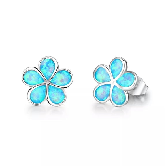 HOOUN S925 Solid Sterling Silver Blue Fire Opal Flower Stud Earrings Women Gifts Party