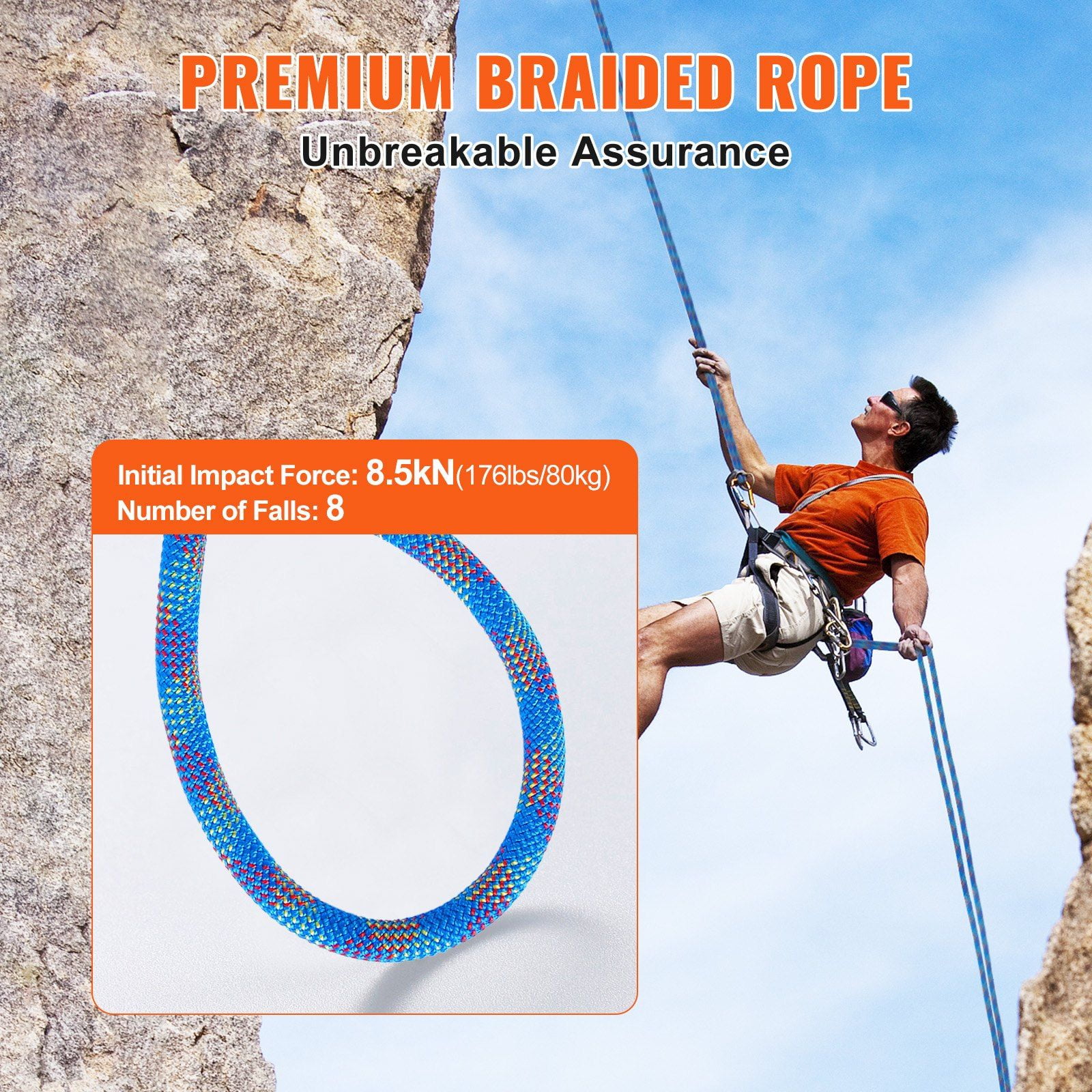 10.2mm Dynamic Climbing Rope 50M 164ft 25KN Breaking Tension Stretchable Fiber Rope with Steel Snap Hooks for Escape Rappelling Fire Rescue Blue
