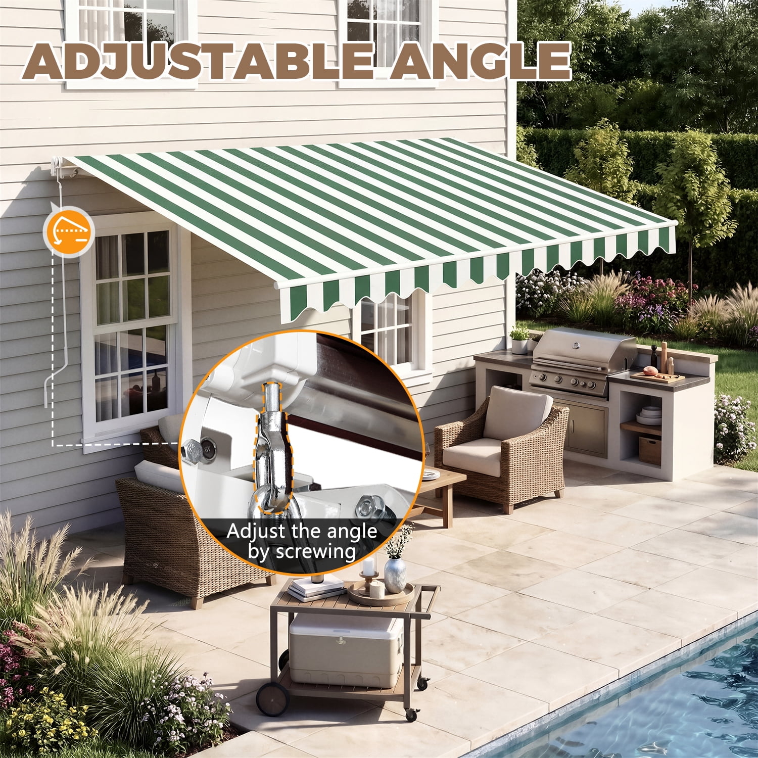 BaPiPro 12'x10' Manual Retractable Awning for Patio, Outdoor Sun Shade Waterproof Fabric Canopy with Crank Handle, UV Protection for Deck Balcony,Green