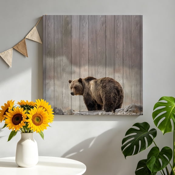 Canvas Wall Art Bear Canvas Art Print Farmhouse Rustic Animals Wooden Texture Pictures Wall Decor for Living Room Bedroom Artwork Decorations Stretched Framed Ready to Hang 16"x16"