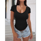 thumbnail image 4 of Camiseta Ajustada de Corta para Mujer, Cuello en V Básico, Ajustada, Negra, Talla M, 4 of 8