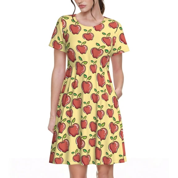 Ratiio Apple Print Women's Short Sleeve Dress - Casual A-Line Dress with Side Pockets, Elastic Waist, Comfortable and Breathable Summer Dress
