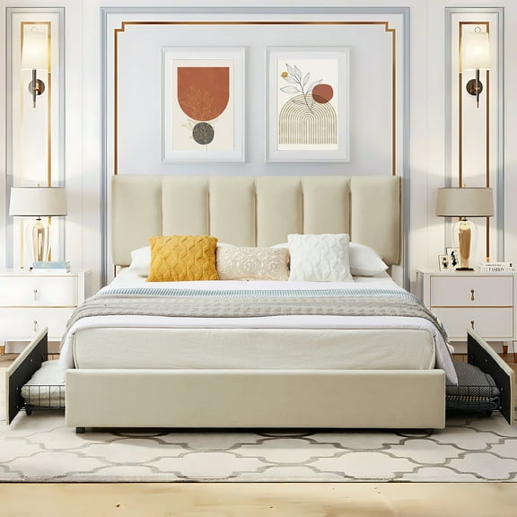 VECELO Bed Frame with 4 Storage Drawers, Full Size Upholstered Platform Bed Frame with Adjustable Headboard, Beige