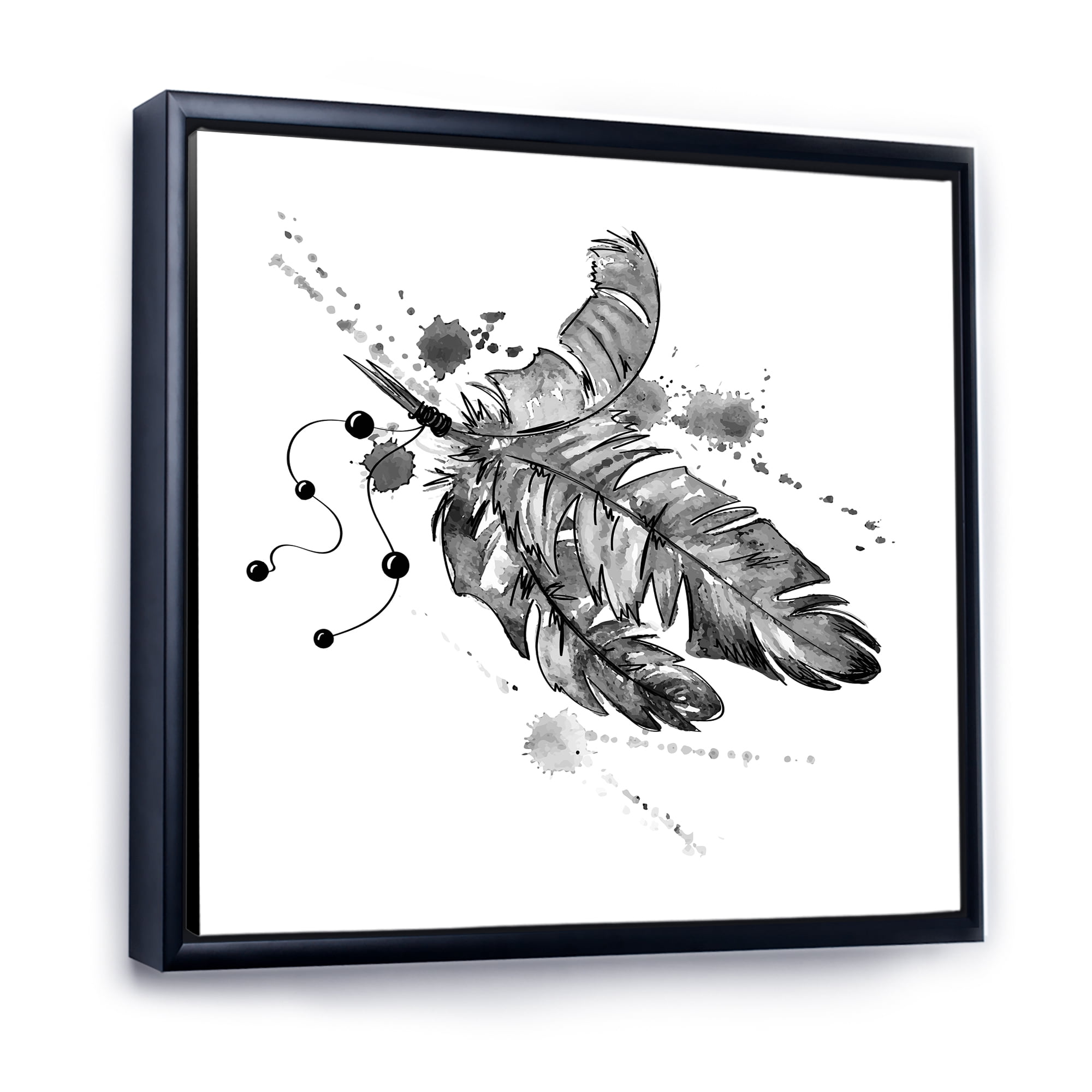 Designart 'Black and White Feathers Impression' Traditional Framed Canvas Wall Art Print