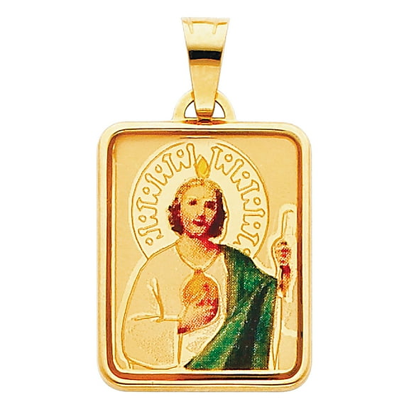 14K Yellow Gold St. Jude Enamel Picture Religious Charm Pendant For Necklace or Chain