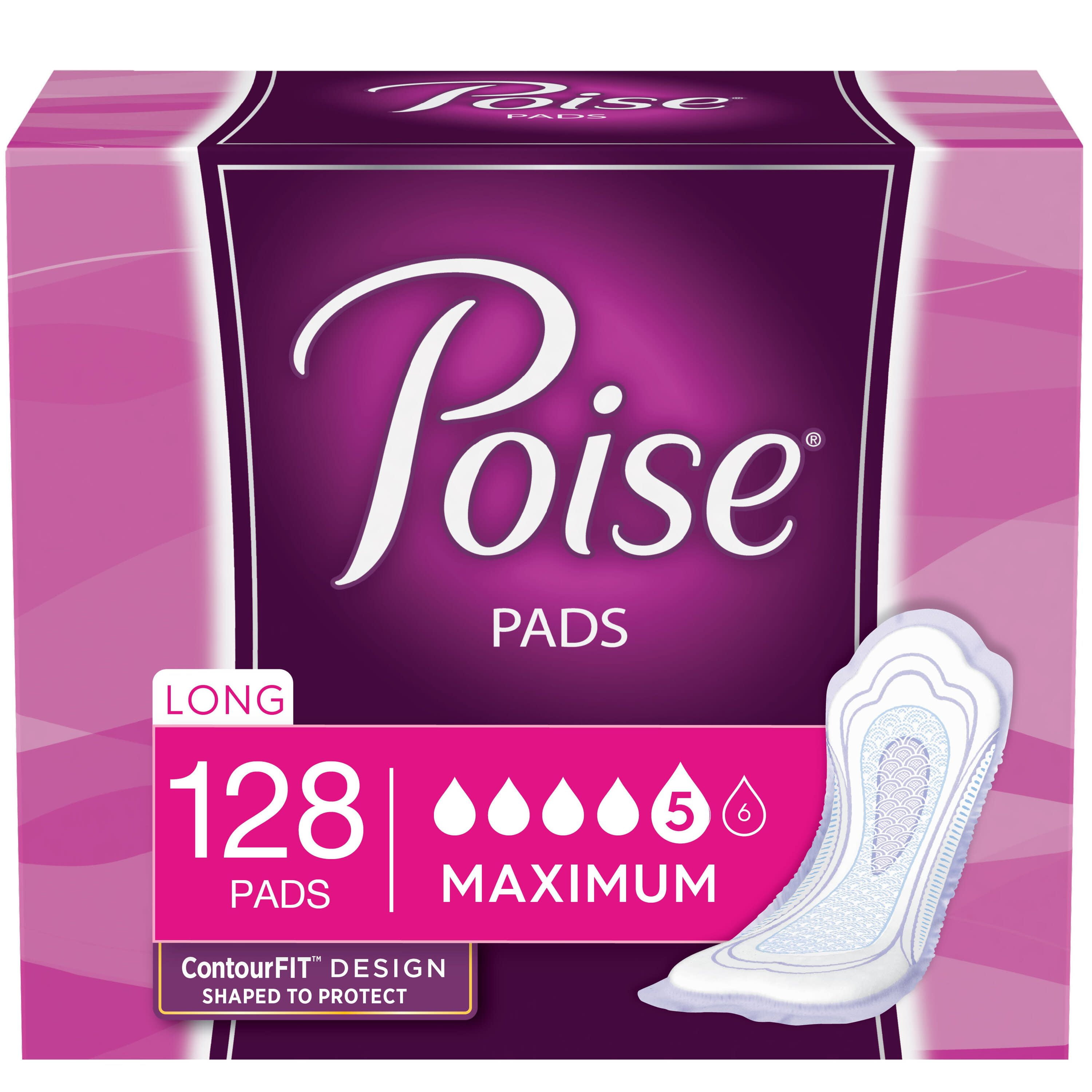 Poise Incontinence Pads, Maximum Absorbency, Long, 128 Count (2 Packs