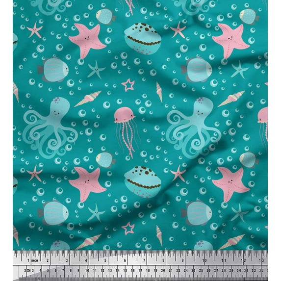 Soimoi Green polyester Crepe Fabric Jellyfish & Octopus Ocean Print Fabric by the Yard 42 Inch Wide
