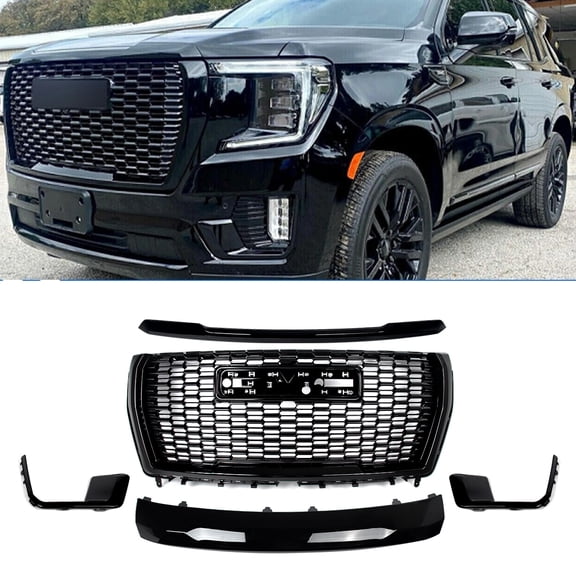 For 2021-2024 GMC Yukon/Yukon XL Denali Style Front Bumper Grille & Hood Trim Molding Gloss Black 5Pcs