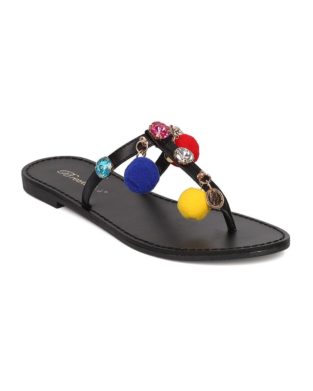 Women Leatherette T-Strap Dangling Charms and Pom Pom Sandal HA18