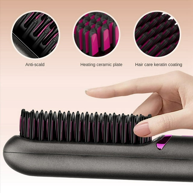 2X Cepillo Alisador de Pelo Inalámbrico, Cepillo Alisador de Calentamiento Rápido, Rizador de Pelo Ajustable de Tercer Engranaje, Peine Calefactor Portátil