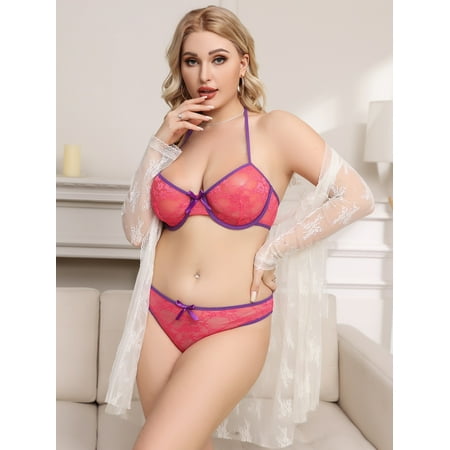 

Women s Plus Floral Lace Contrast Binding Underwire Lingerie Set 2022 Hot Pink A044W