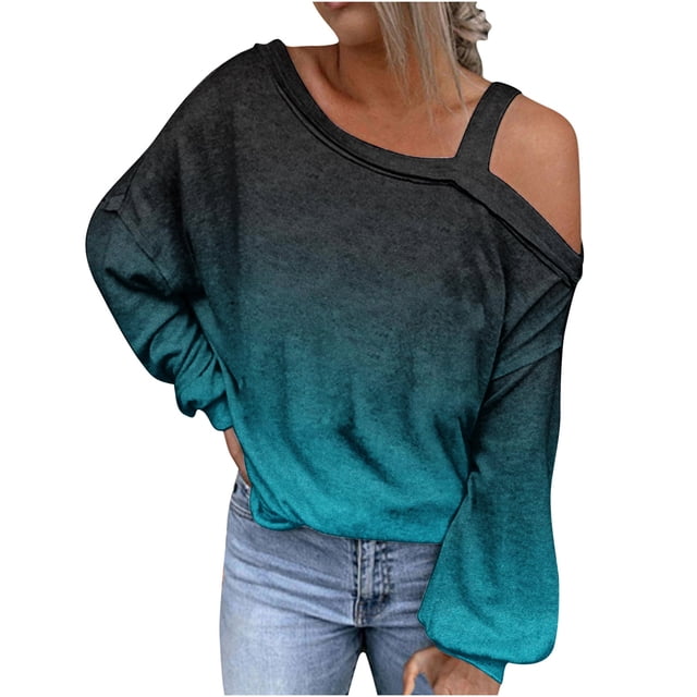 FAIWAD Womens Off Shoulder Tops Long Sleeve Gradient Fall Winter Baggy Pullover Top