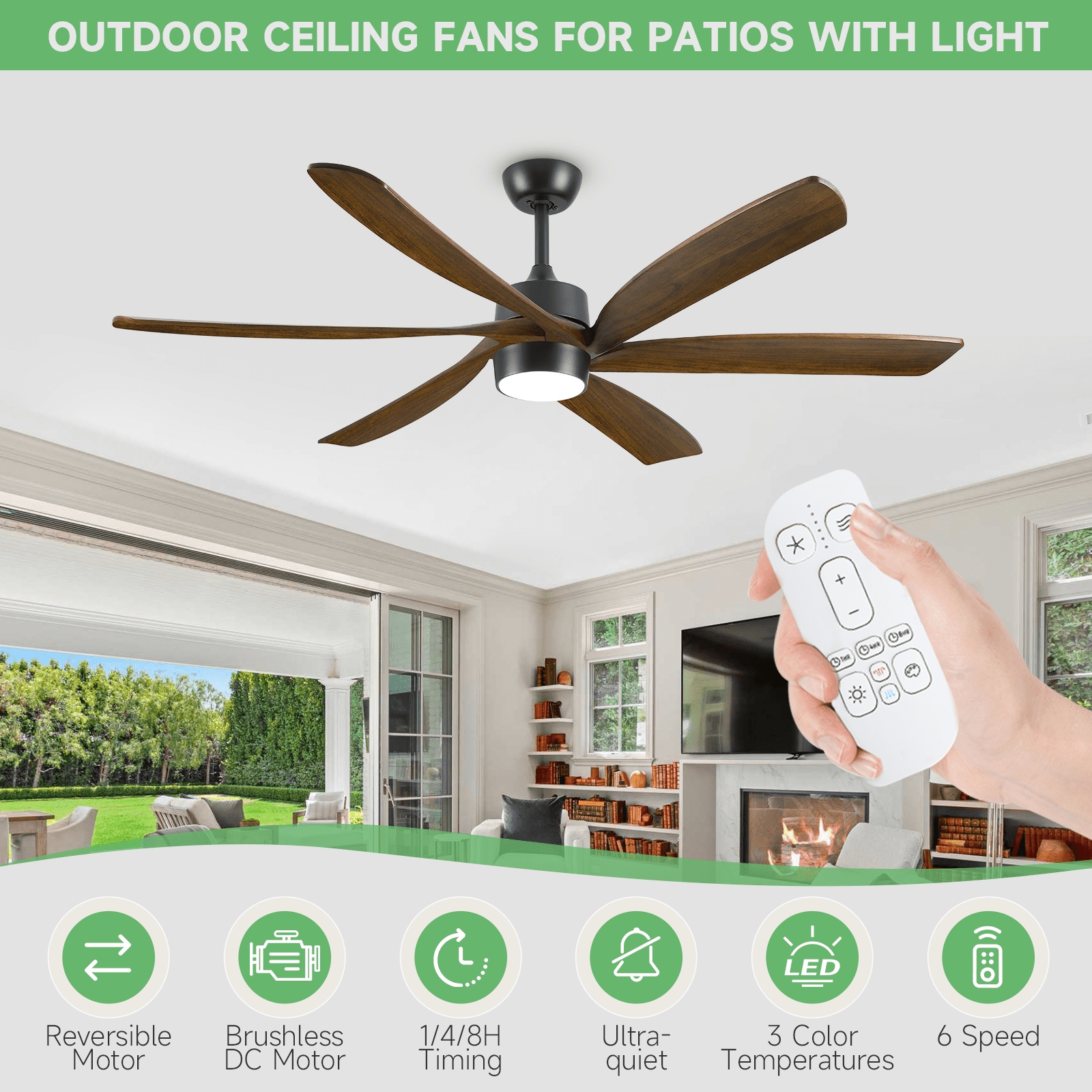 72 in Outdoor Ceiling Fan for Patios with Light and Remote, Reversible 6 Blades Wood Modern Farmhouse Fan for Indoor Exterior Porch Living Room Garage