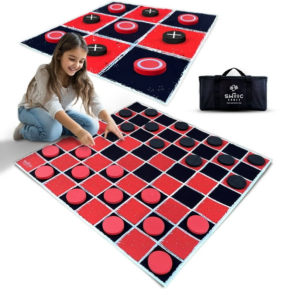 Swooc Games® - 2-in-1 Giant Vintage Checkers & Tic Tac Toe Game W/ Mat (3ft x 3ft) - 100% Machine-Washable Canvas - Giant Outdoor Games & Activities - Giant Games - Giant Board Game - Oversized Game