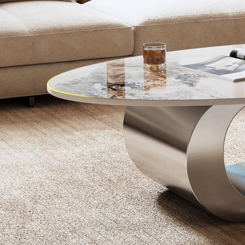 49.2-Inch Modern Oval Faux Marble Coffee Table with Sturdy Metal Base - Luxury Living Room Furniture for Home Decor | Scratch-Resistant & Easy Assembly, (Gray)