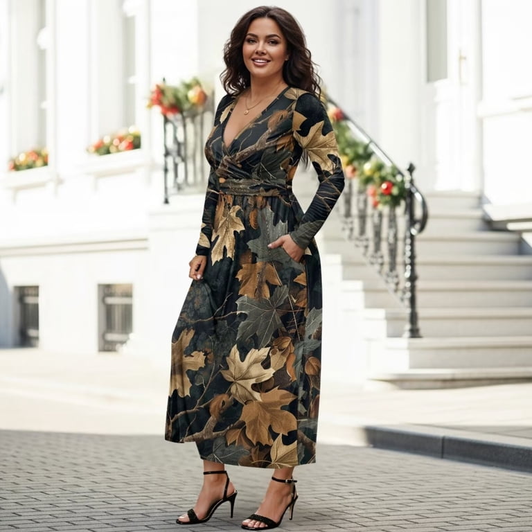 Fkelyi Fall Maxi Dress for Women Long Sleeve A-Line Flowy Dresses with Side Pockets Forest Maple Leaf Print V Neck Casual Dress for Spring Winter, 2XL
