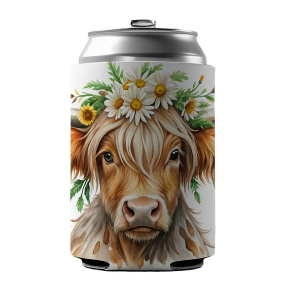 Highland Cow Watercolor Design With Daisies Drink Beer Soda Insulated Sleeve Holder Can Cooler Hugger