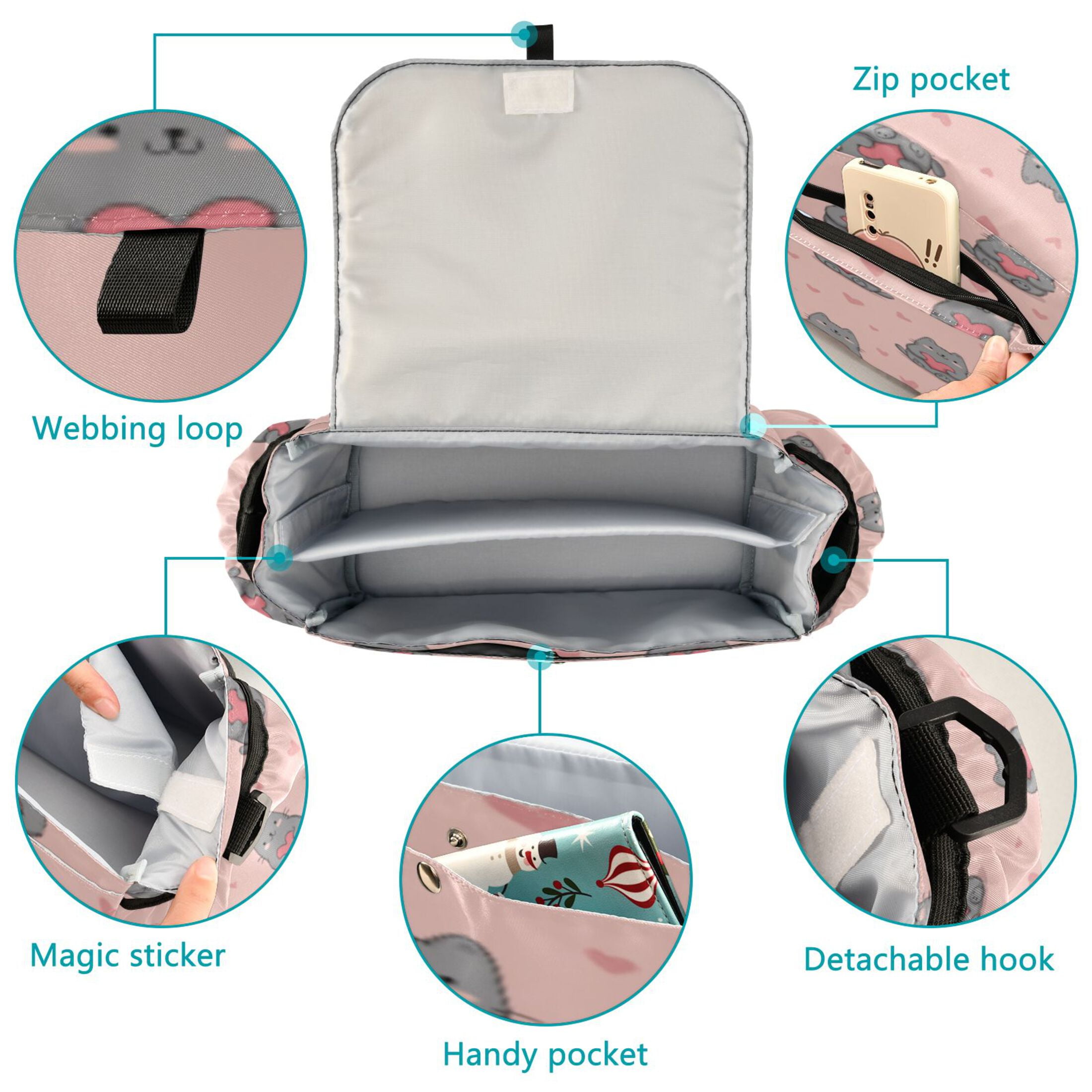 DIXRUYEE Stroller Organizer Pink Kitty Hearts Printed