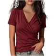 thumbnail image 2 of Karymi Blouses for Women Dressy Casual Solid Wrap Cross V Neck Ruched Short Sleeve T-Shirt, Slim Fitted Twisted Surplice Pullover Top, Stretch Casual Tee Shirts for Women, 2 of 6