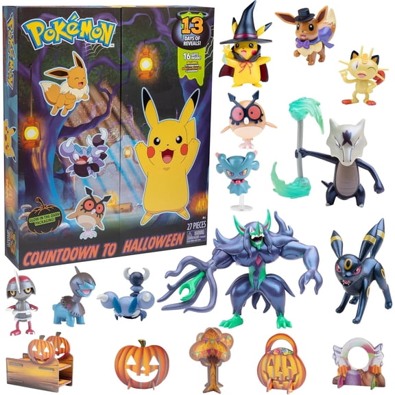 Pokemon Countdown Gift Set for Kids, 16 Piece Playset - Includes 11 Toy Character Figures & 5 Accessories - Pikachu, Eevee, Meowth & More - 4.5" Deluxe Action Grimmsnarl - For Boys & Girls Age 4