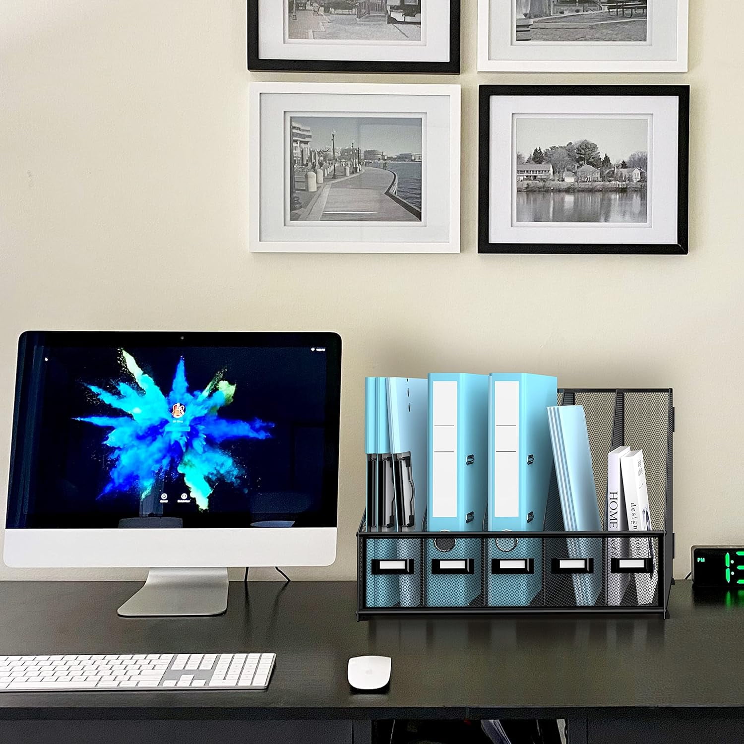 INTIGE Desktop Organizers with 5 Vertical Compartments Rack, File Storage for Office, Home Workspace, Black Plus