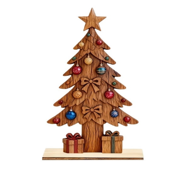 Christmas Wooden Tabletop Tree Decor, Vintage Layered Wood Christmas Tree with Star Topper, Gift Boxes & Ornaments, Small Freestanding Christmas Table Decoration for Home Mantel Shelf