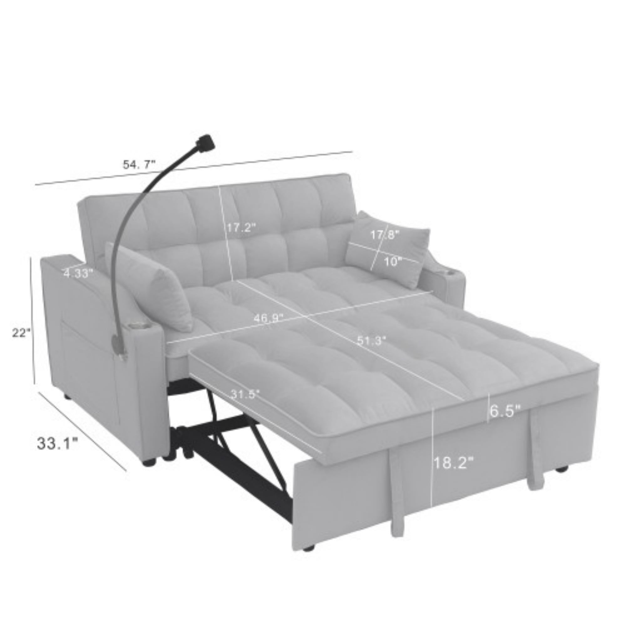 Velvet Loveseat Sofa Bed, 3-in-1 Convertible Sleeper Couch with USB Ports & Pullout Bed, Light Gray