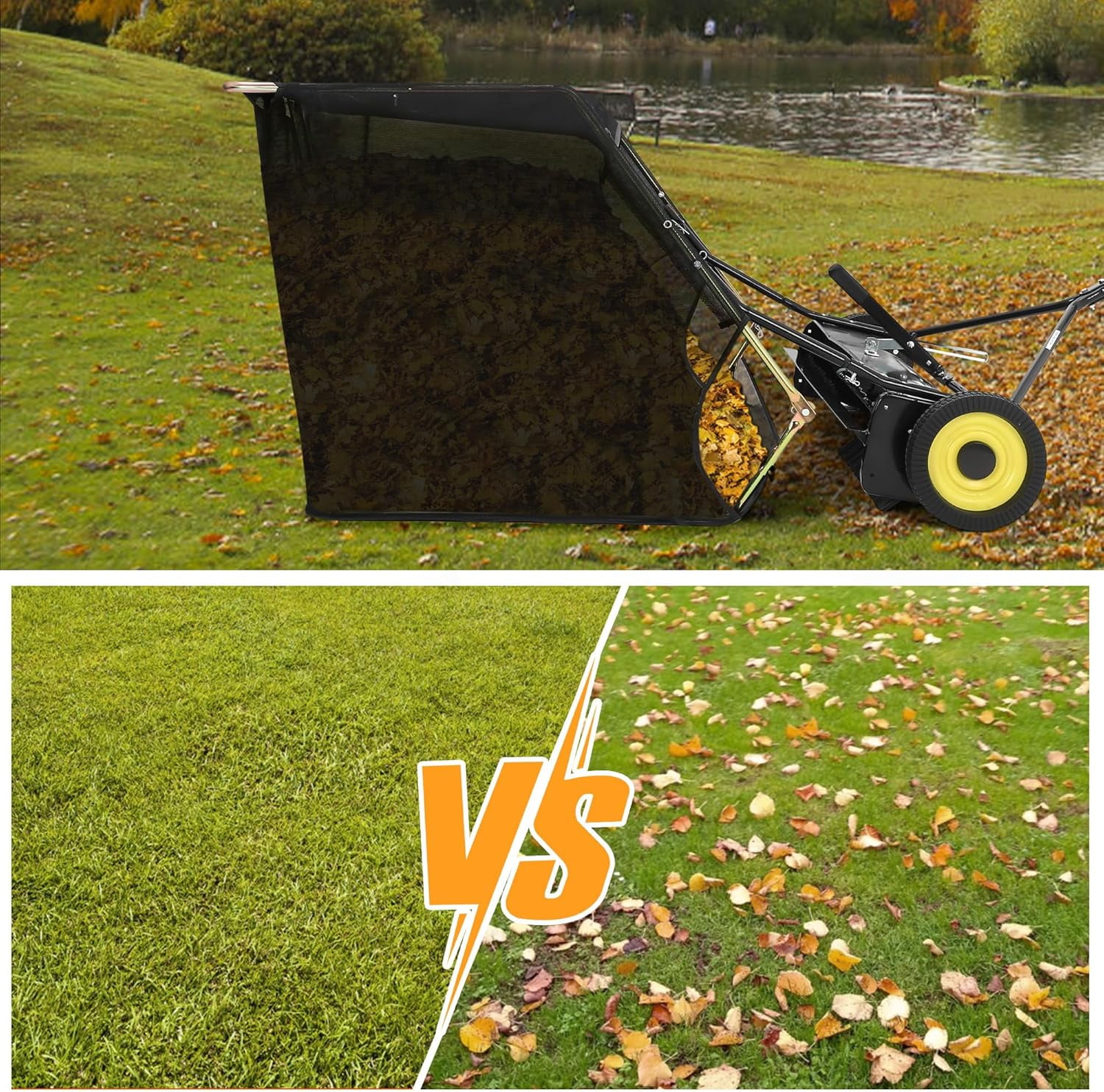 Rugerasy 44 inch Lawn Sweeper Tow Behind,Pull Behind Leaf Sweeper for Lawn Leaf Collector with Adjustable Height and Dumping Rope Desig,Easy Dumping,Black