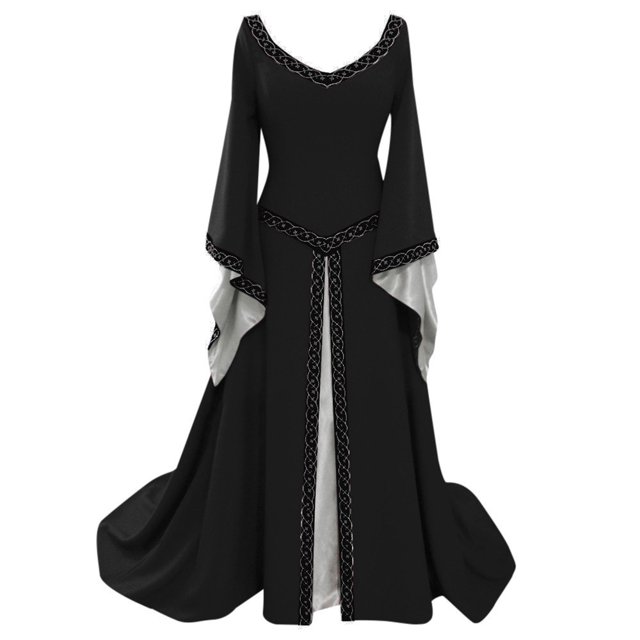 QUYUON Robes d'Automne pour Invité de Mariage Liquidation Robe Longue à Manches Longues Maxi Robe Rétro Halloween Mode Femmes Robes Col Rond T-Shirt Midi Style D-1945 Noir 3TG
