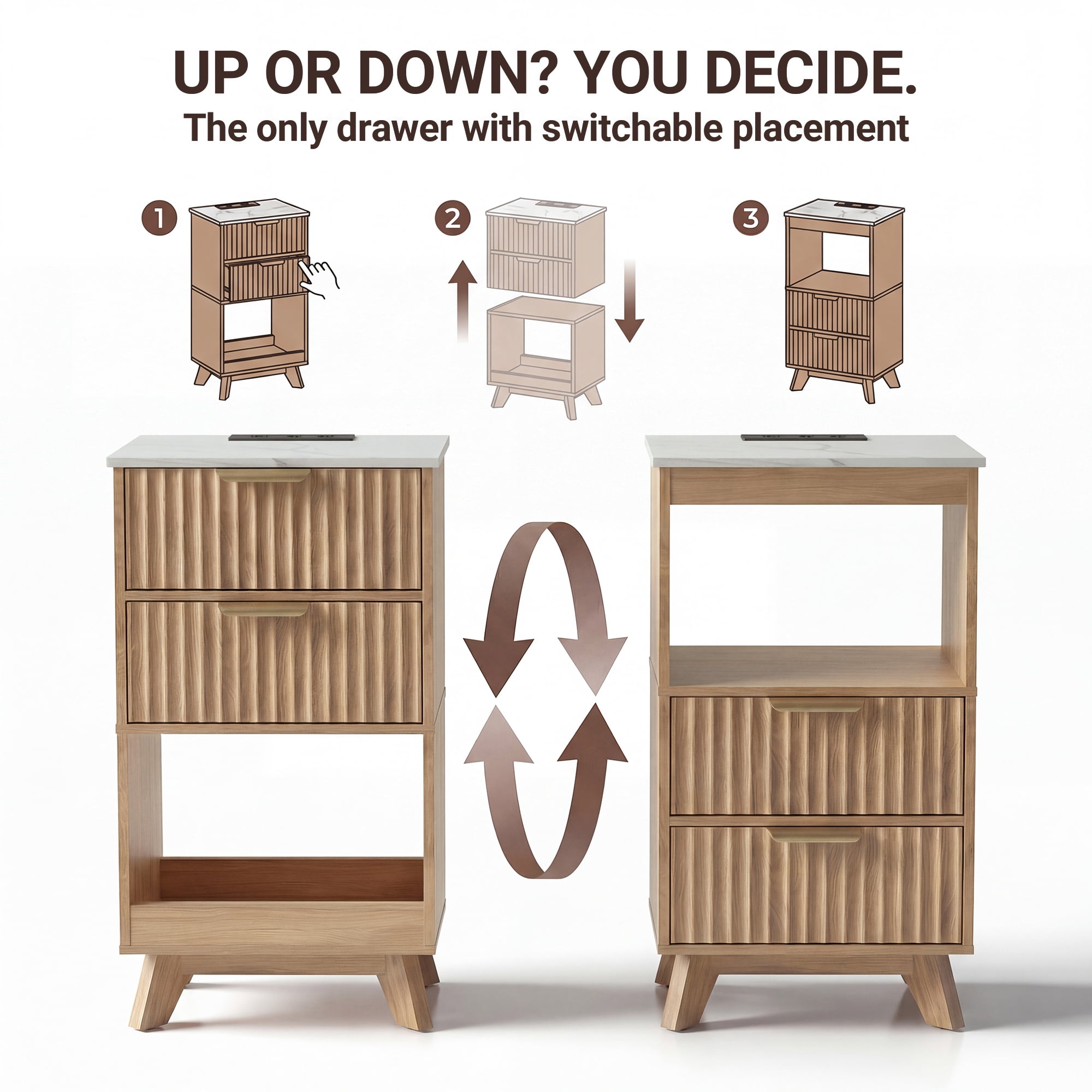 YDN Tall Nightstand Set of 2 - Modern Bedside Table with Fluted Design & Charging Station, Wooden Bedsides End Table with 2 Drawers and Storage Shelf for Bedroom, Living Room,Nature