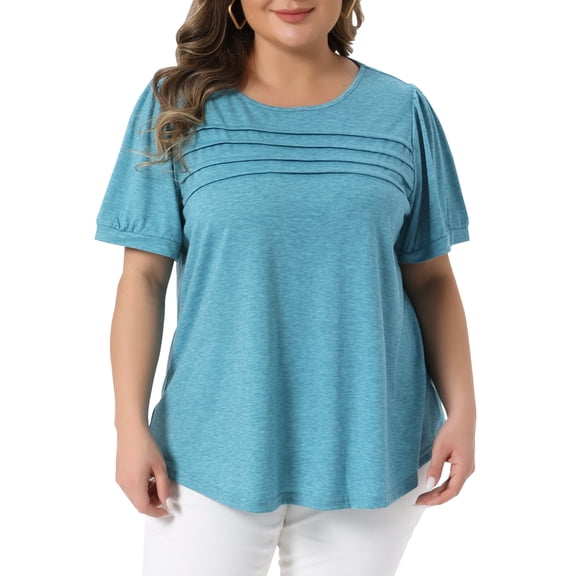 Women's Plus Short Sleeve Crew Neck Pleated Casual Tunic Blouse 1X Lake Blue
