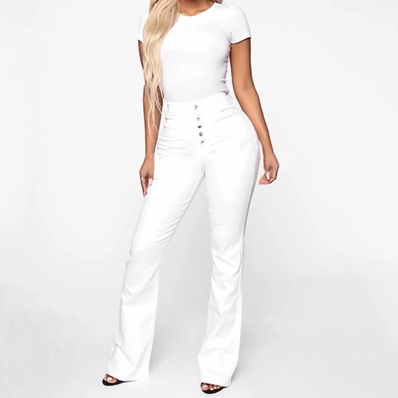 Women's Fashion Solid Color Washed Casual High Waisted Jeans, Straight Leg Denim Pants for Women, Stretch Comfort Fit, Vintage Wash Jeans,White,S