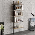thumbnail image 4 of Paula 68.5” Tall Ladder Bookcase with Metal Frame – 5 Tier Wall Mounted Industrial Bookshelf, Narrow Wood & Metal Leaning Shelf Unit, Space Saving Modern Display Rack for Living Room, Office  - Black, 4 of 8