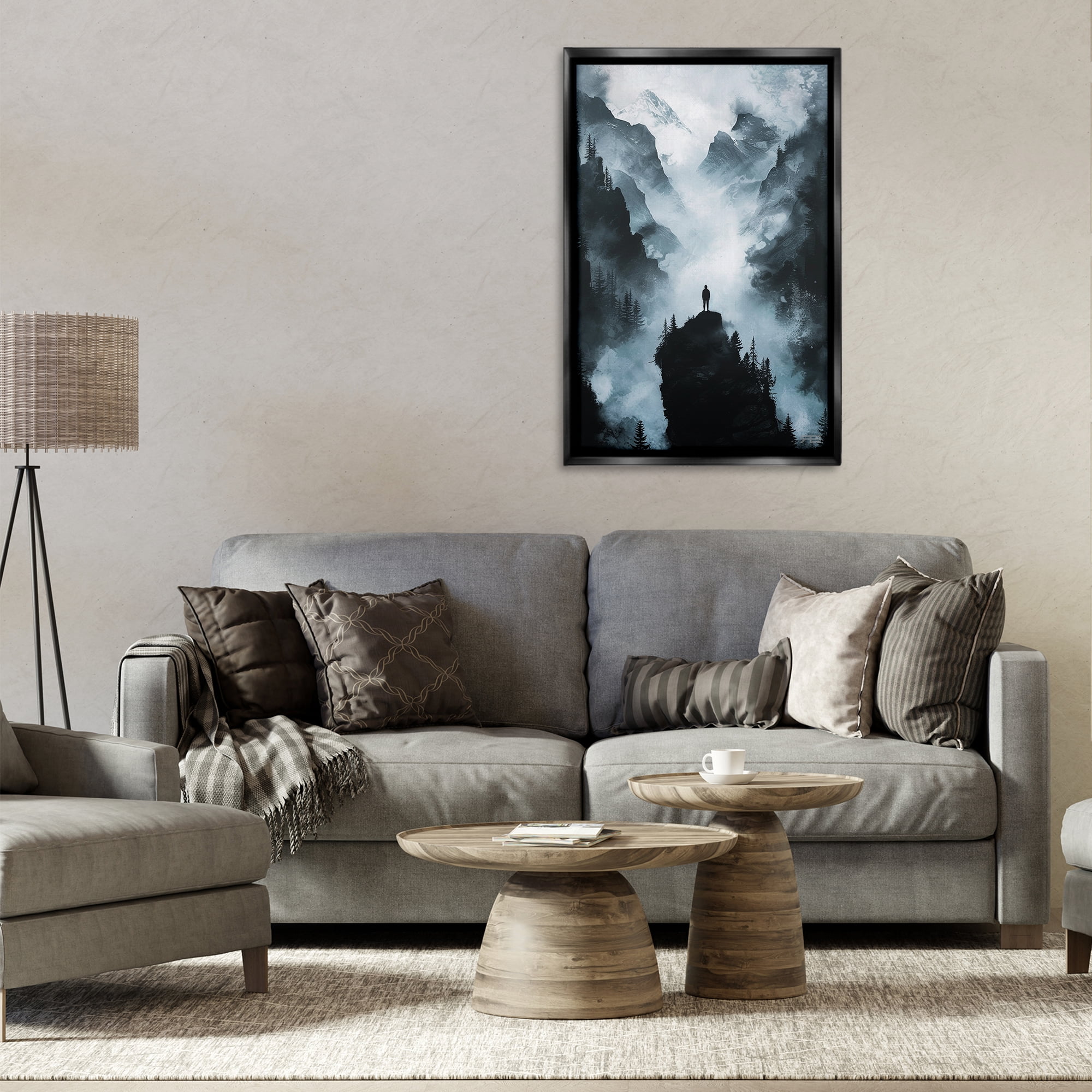 Stupell Industries Man on Intense Cliff Landscape & Nature Painting Black Floater Framed Canvas Art Print Wall Art, 21 x 31