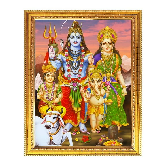 God Shankar Parivar Indian God Photo With Golden Frames for Pooja And Wall Gift House Warming Office Living Room Table Temple 7.8 X 11.4