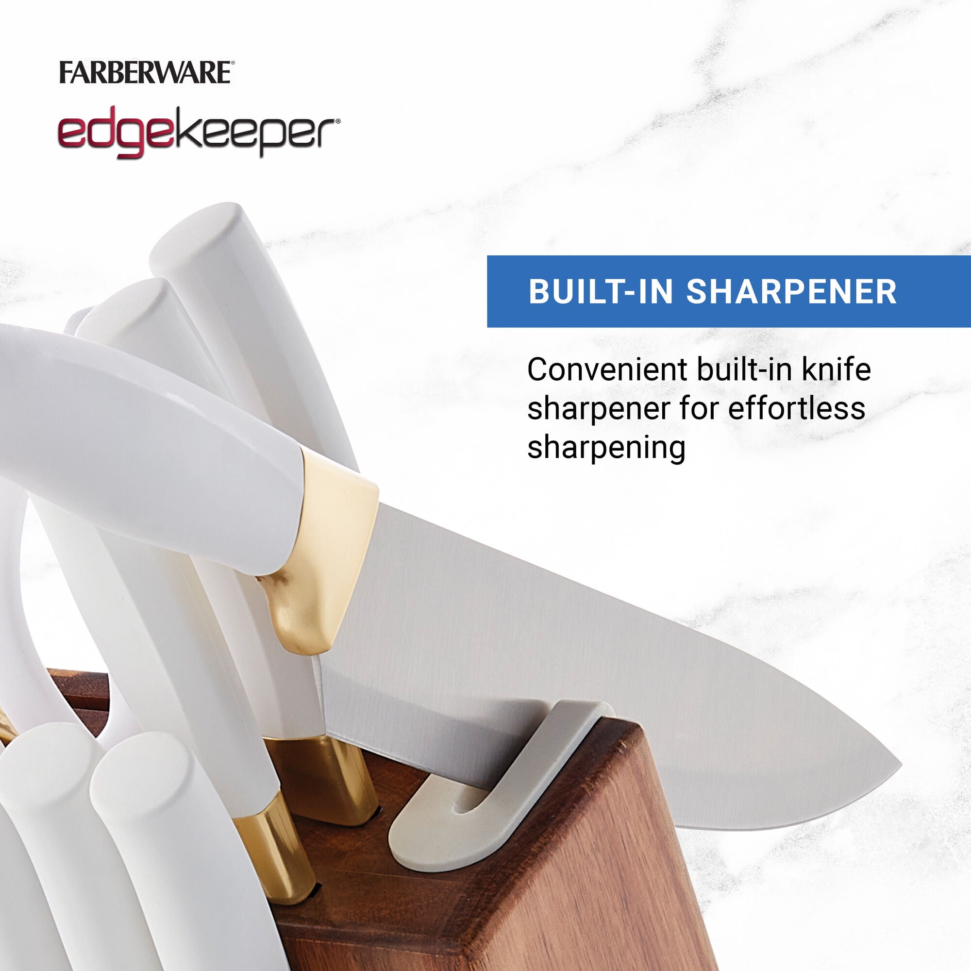 Farberware Edgekeeper Classic 14-Piece Knife Block Set with Built-In Knife Sharpener, White