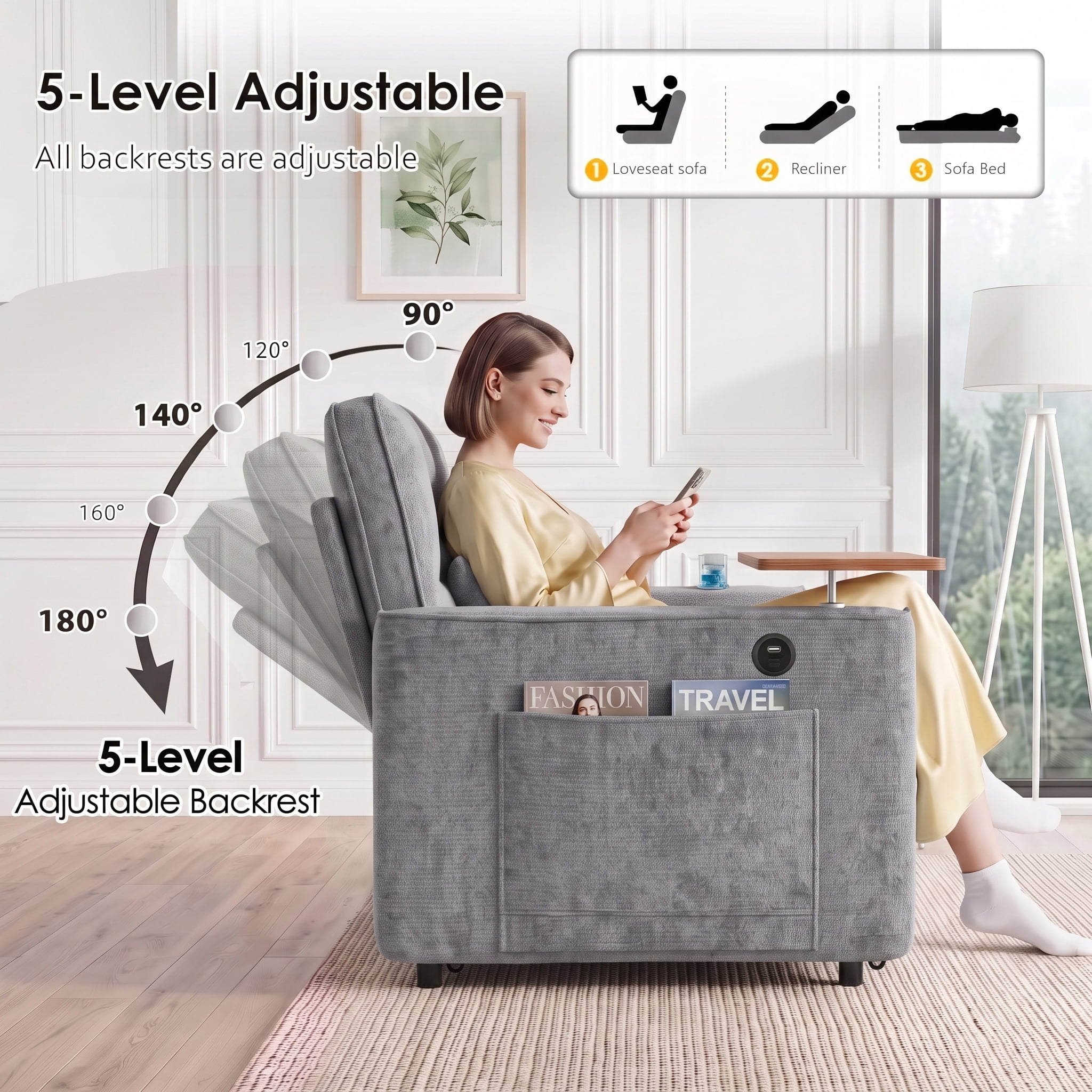 Xiweot 54" Convertible Sleeper Sofa Bed, Full Size Pull Out Couch with Adjustable Backrest, USB Ports & Cup Holder, Chenille Loveseat Sleeper for Apartment Living Room, Light Gray