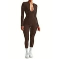thumbnail image 4 of Solid Color Zip-up Skinny Jumpsuit, Women's Athleisure Long Sleeve Jumpsuit - Ideal for Yoga, Comfortable Activewear, 4 of 9