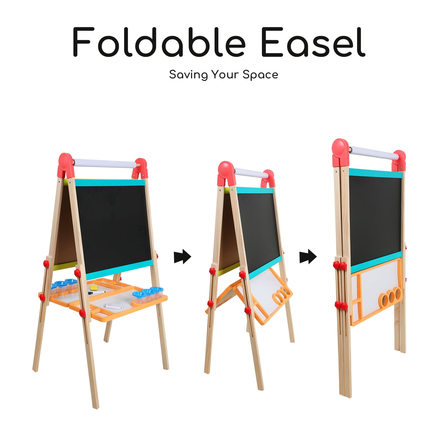 Beipoo Kids Art Easel with Paper Roll, Foldable Wooden Easel for Toddlers, All-in-one Painting Easel for 2-12 Years Children, Adjustable Drawing Station with Chalkboard & Magnetic Whiteboard