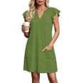 thumbnail image 5 of TEAJOPSUU Women's Casual A-Line Dresses with Pockets Cap Sleeve V Neck Mini Tshirt Dresses Flowy Sundress Green, 5 of 6