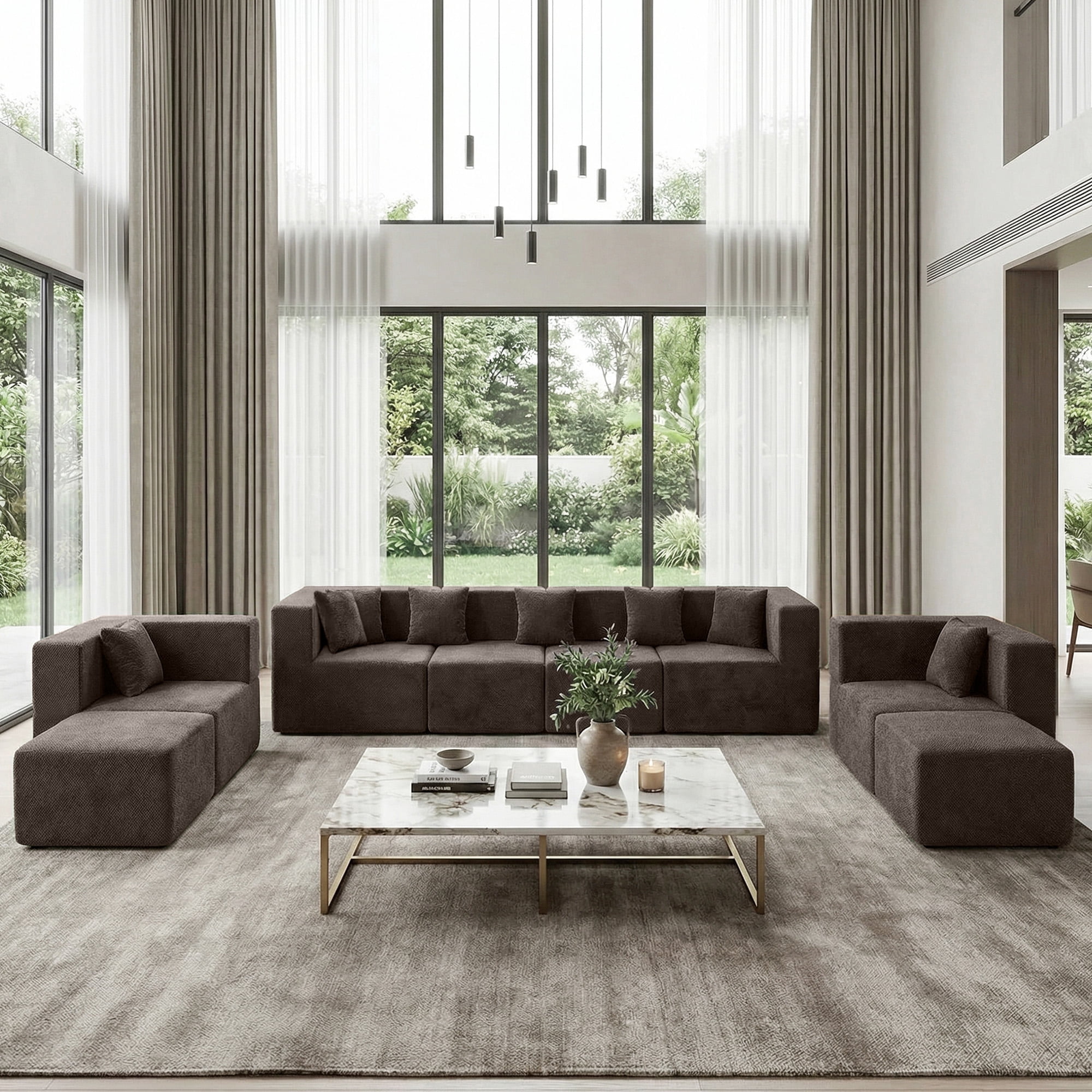 BEHOST 130" 8-Piece Modular Sectional Sofa with Ottomans, U-Shaped Pit Couch for Living Room, Modern Teddy Fabric Cloud Couch Set, Large Sleeper Sofa with Deep Seats, Coffee Brown