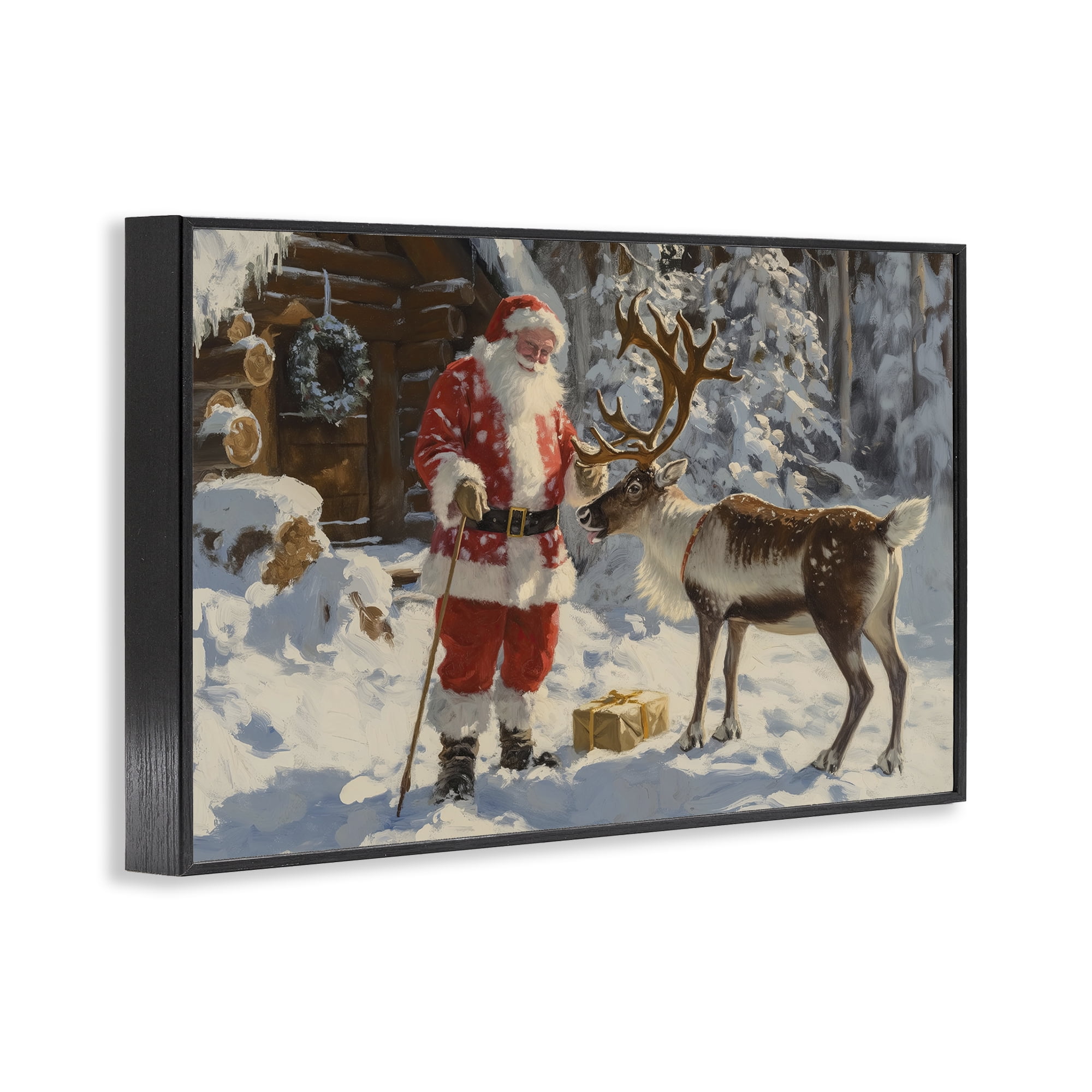 Stupell Industries Santa with Reindeer Scene Holiday Painting Black Framed Art Prints Wall Art, 18 x 12