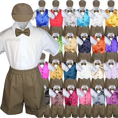 5pc Boy Toddler Formal Lime Green Vest Bow Tie White Navy Brown Hat Shorts S-4T 