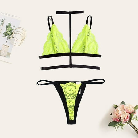 

CFXNMZGR Sleepwear For Womens Pajamas For Women Eyelash Lace Wireless V-Neck Bra G-String Lingerie Set Thong M-3Xl