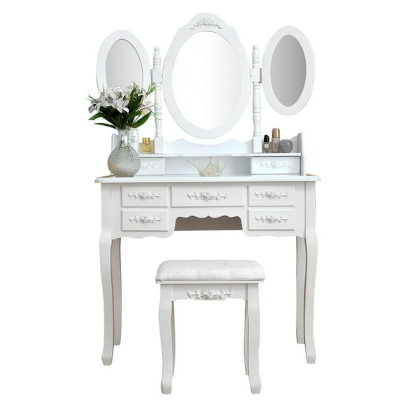 White Vanity Table, Stylish Makeup Vanity Set with Tri-Folding Mirror, Wood Dressing Table 7 Drawers Storage Bedroom Furniture for Girls/Women, Wood Make-Up Vanity Table and Stool Set, S10404