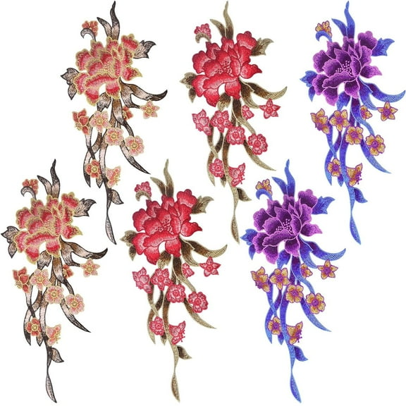 6pcs Peony Embroidered Patches Peonyflower Sew On/Iron On Patch Applique Delicate Flower Embroidery Appliques for DIY Jeans Plant Bags Clothes Sewing Crafts Decoration, 3 Colors