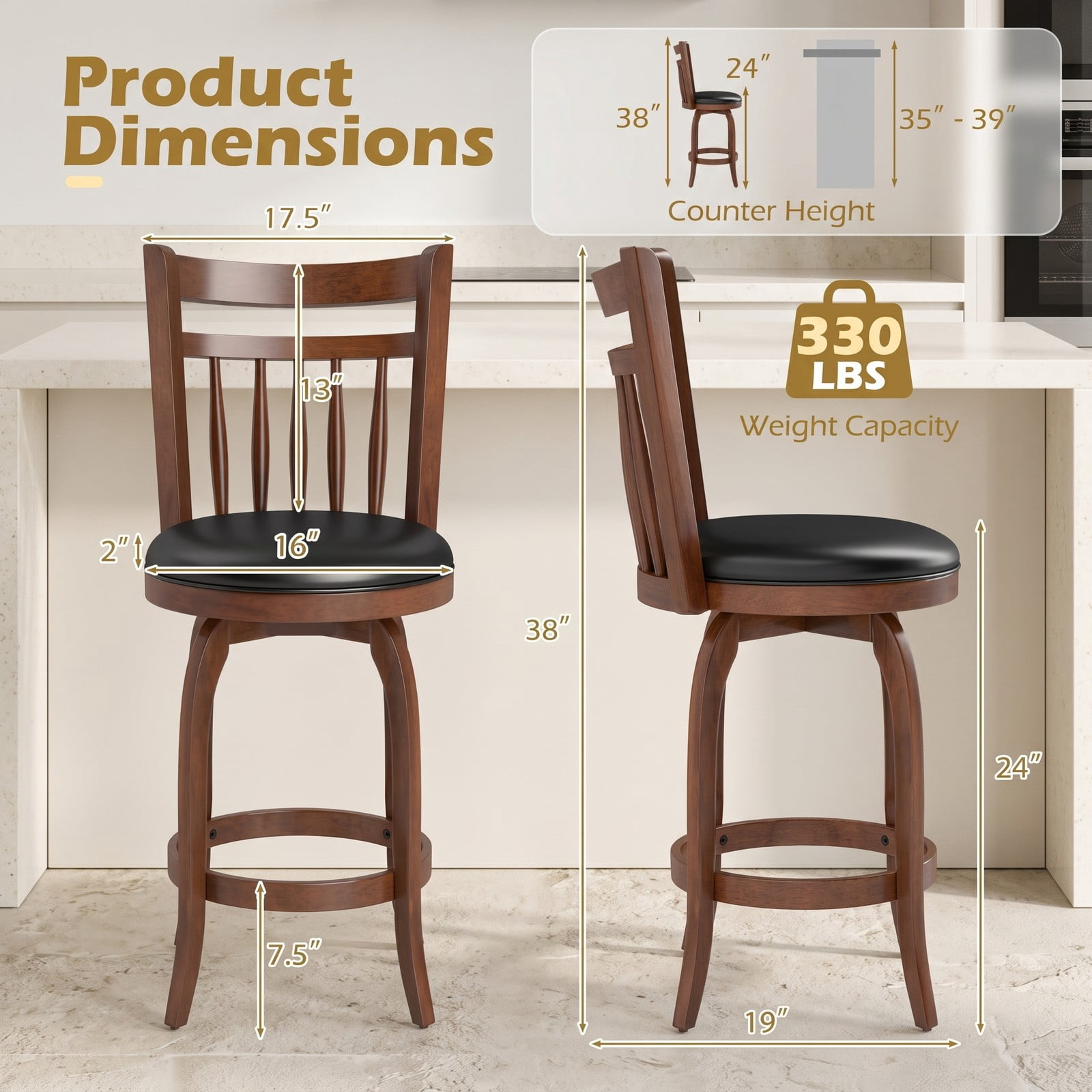Furnibear Swivel Bar Stools Set of 2, 24 Inch Counter Height Faux Leather Upholstered Barstools with Curved Backrest and Footrest for Kitchen, Espresso and Black